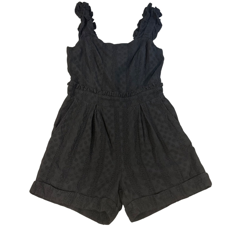 Greylin Black Eyelet Lace Romper‎ Ruffle Strap Smocked Back  Womens Small